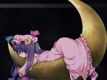  akino_ochiba blush crescent hat long_hair lying on_stomach patchouli_knowledge purple_eyes purple_hair robe solo straddling touhou wallpaper 