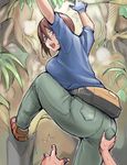  ass ass_grab bespectacled blush breasts brown_eyes brown_hair casual climbing fanny_pack glasses gloves large_breasts looking_back older open_mouth plant rozen_maiden short_hair solo_focus souseiseki sweat tsuda_nanafushi vines 