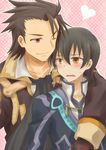  alvin_(tales) bad_id bad_pixiv_id black_hair blush brown_eyes brown_hair gloves jude_mathis male_focus multiple_boys one_eye_closed pink_background scarf smile tales_of_(series) tales_of_xillia uni_(rabbit_beat) 
