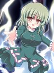  breasts brown_eyes dress ghost_tail green_dress green_hair hat large_breasts lightning long_sleeves open_mouth outstretched_arms outstretched_hand ry short_hair soga_no_tojiko solo touhou 