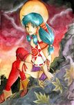  2005 aqua_eyes aqua_hair bad_deviantart_id bad_id bird cloud feena_(grandia) grandia grandia_i hair_ornament hair_tubes long_hair looking_at_viewer looking_back low-tied_long_hair ni-si one_eye_closed rock shoes signature sitting sky solo sun sunset thighhighs traditional_media twilight watercolor_(medium) whip wide_sleeves 