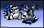  black blue blue_markings blue_tongue collar crux ears hindpaw lying male markings multiple_ears multiple_tails multiple_tongues paws red_eyes shackles solo stripes tail ultraviolet white white_body xanderbunny 