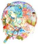  blue_eyes blue_hair dress flower hair_ornament hair_rings hair_stick kaku_seiga legomaru shawl short_hair smile solo touhou traditional_media watercolor_(medium) 