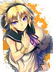  blonde_hair bracelet breasts earmuffs jewelry jonylaser large_breasts leaf purple_eyes solo touhou toyosatomimi_no_miko 