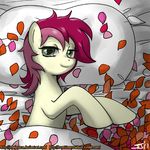  bed cute equine female feral friendship_is_magic green_eyes hair horse john_joseco looking_at_viewer lying mammal my_little_pony on_side pillow pony red_hair rose_(mlp) rose_petals roseluck_(mlp) smile solo two_tone_hair 