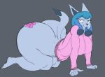  2018 all_fours anthro bedroom_eyes big_breasts big_butt blep blue_fur blue_hair breasts butt clothing conne digital_media_(artwork) eeveelution fan_character female fur glaceon grey_background hair half-closed_eyes huge_breasts huge_butt hyper hyper_butt izzy223 nintendo pok&eacute;mon pok&eacute;mon_(species) raised_tail seductive simple_background smile solo sweater tattoo tongue tongue_out video_games 