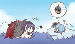  akemi_homura animalization bird black_hair blue_hair bow closed_eyes dolphin hair_bow hair_ornament hairband hairclip highres homurakko long_hair mahou_shoujo_madoka_magica miki_sayaka no_humans o_o otter penguin ponytail purple_eyes red_hair sakura_kyouko sea_urchin soul_gem tamute_(2580rs) tears throwing water 