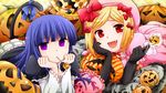  :d bad_id bad_pixiv_id blonde_hair blue_eyes blue_hair candy cat_tail chin_rest elbow_gloves fang food frederica_bernkastel frills gloves hair_ribbon hat lambdadelta lollipop long_hair mouth_hold multiple_girls nakamorikazusa open_mouth pillow pink_hat pumpkin red_eyes ribbon smile tail tail_ribbon umineko_no_naku_koro_ni 