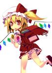  backpack bag blonde_hair blush book flandre_scarlet frilled_skirt frills hat looking_back miniskirt open_mouth panties pink_panties rando_seru randoseru red_eyes red_skirt ribbon running shirt side_ponytail skirt skirt_set skirt_up solo touhou underwear upskirt wings 