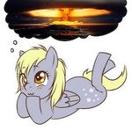  amber_eyes blonde_hair blush cutie_mark derp derpy_hooves_(mlp) equine explosion female feral friendship_is_magic grey_body hair mammal mushroom_cloud my_little_pony nuclear_explosion nuke pegasus plain_background smile solo thought_bubble wings 