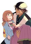  1girl blush brown_eyes brown_hair cabbie_hat carrying chiyomi dress extra facial_hair green_eyes hat jewelry kaburagi_t_kotetsu mole mole_under_eye necktie orange_hair princess_carry ring scarf scarf_girl_(tiger_&amp;_bunny) short_hair simple_background stubble tiger_&amp;_bunny vest waistcoat wedding_band white_background 