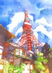  brown_hair cloud dress from_behind highres muttiy original solo tokyo_tower traditional_media twintails watercolor_(medium) 