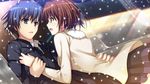  blue_eyes blue_hair blush brown_hair dress game_cg koi_de_wa_naku makishima_yumi male norifumi_(koi_de_wa_naku) short_hair snow tomose_shunsaku 