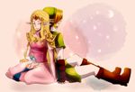  1girl back-to-back bad_id bad_pixiv_id blonde_hair closed_eyes earrings gloves highres hijiri29 holding_hands instrument jewelry link ocarina pointy_ears princess_zelda smile the_legend_of_zelda the_legend_of_zelda:_ocarina_of_time tiara 