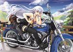  :d bare_shoulders biker_clothes bikesuit bikini_top black_legwear blue_sky blush breasts chin_rest cleavage cloud cross-laced_footwear day goggles ground_vehicle helmet jewelry leaning_forward long_hair medium_breasts motor_vehicle motorcycle necklace open_mouth original red_eyes silver_hair sky smile solo thigh_strap thighhighs unzipped very_long_hair watch yuu_(yuyukaikan) 