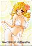  bikini blonde_hair breasts cleavage drill_hair flower hair_flower hair_ornament hibiscus large_breasts long_hair mahou_shoujo_madoka_magica nightmare77zx short_hair sideboob skindentation smile solo swimsuit tomoe_mami twin_drills twintails underboob untied yellow_background yellow_eyes 