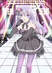  bad_id bad_pixiv_id bare_shoulders dress elbow_gloves feathers gloves hair_ornament highres long_hair microphone music neck_ribbon open_mouth original outstretched_arm pantyhose purple_eyes purple_hair purple_legwear ribbon singing solo stage tsukino_neru 