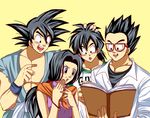  3boys :d bespectacled black_eyes black_hair book chi-chi_(dragon_ball) chiroru_shimai clothes_writing dragon_ball dragon_ball_z glasses hand_on_head long_hair multiple_boys muscle open_mouth red-framed_eyewear siblings simple_background smile son_gohan son_gokuu son_goten spiked_hair teeth v-shaped_eyebrows wristband 