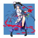  alternate_breast_size blue_hair breasts cleavage fire gmot hat highres hinanawi_tenshi large_breasts long_hair red_eyes side_slit solo sword_of_hisou thighs touhou very_long_hair 