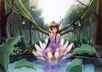  black_hair blush closed_eyes eggplant flower forest hair_flower hair_ornament ichiko_oharu long_hair lotus nature original reflection seiza sitting solo speaker water 