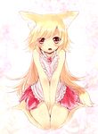  animal_ear_fluff animal_ears bad_id bad_pixiv_id bare_legs bare_shoulders barefoot between_legs between_thighs blonde_hair blush fox_ears fox_tail futaba_akane hand_between_legs long_hair looking_at_viewer miniskirt naomi_(sekai_no_hate_no_kissaten) open_mouth original pleated_skirt red_eyes red_skirt sitting skirt solo tail v_arms wariza 