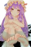  absurdres barefoot checkered checkered_floor covering covering_breasts crossed_arms face feet hat highres long_hair mkcrf nail_polish nude patchouli_knowledge purple_eyes purple_hair ribbon sitting smile solo touhou water wet 