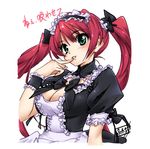  airi_(queen's_blade) blush bow breasts cleavage finger_to_mouth frills green_eyes hair_bow highres long_hair maid maid_headdress medium_breasts queen's_blade red_hair smile solo takamura_kazuhiro translated twintails wrist_cuffs 