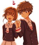  1girl bad_id bad_pixiv_id brown_eyes brown_hair cardcaptor_sakura closed_eyes kinomoto_sakura li_xiaolang older school_uniform short_hair teenage tomoeda_middle_school_uniform yamano_(151515) 