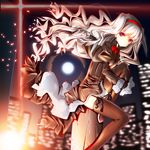  black_legwear building chu city dress full_moon garter_straps gloves hairband idolmaster idolmaster_(classic) jacket leg_hug long_hair moon puffy_sleeves red_eyes shijou_takane silver_hair sitting skindentation skyscraper solo thighhighs very_long_hair 