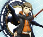  amada_ken brown_eyes brown_hair evoker geetgeet male_focus persona persona_3 school_uniform shorts solo weapon 