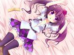  arms_up bad_id bad_pixiv_id black_legwear blush brown_hair cellphone checkered checkered_skirt frilled_skirt frills hat highres himekaidou_hatate lying miniskirt no_bra on_back on_bed open_clothes open_mouth open_shirt phone purple_eyes purple_skirt shefu shirt skirt solo thighhighs tokin_hat touhou twintails 