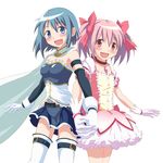  bad_id bad_pixiv_id banned_artist blue_eyes blue_hair blue_skirt blush bow bubble_skirt cape gonzaburou hair_bow highres holding_hands kaname_madoka magical_girl mahou_shoujo_madoka_magica miki_sayaka miniskirt multiple_girls pink_eyes pink_hair pink_skirt short_hair simple_background skirt smile thighhighs twintails 