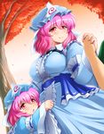  autumn bad_id bad_pixiv_id banned_artist breasts child dress hat holding_hands ko-yuyuko large_breasts mother_and_daughter multiple_girls outdoors pink_hair red_eyes saigyouji_yuyuko shin'en-san shin'en_(gyokuro_company) short_hair smile touhou tree triangular_headpiece 