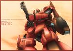  from_below gun gundam highres mecha no_humans red_border rick_dias signature solo text_focus viridian-c weapon zeta_gundam 