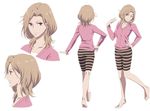  barefoot blonde_hair brown_eyes cardigan character_sheet ear_piercing earrings from_behind full_body hanasaku_iroha hand_on_hip jewelry light_smile matsumae_satsuki multiple_views non-web_source official_art piercing profile simple_background stud_earrings upper_body walking white_background 