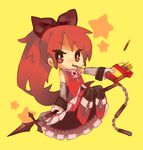  :t black_legwear boots bow chibi food hair_bow long_hair magical_girl mahou_shoujo_madoka_magica mouth_hold pocky polearm ponytail red_eyes red_hair sakura_kyouko solo taiyaki teretute thighhighs trident wagashi weapon 