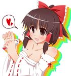  blush breasts brown_eyes brown_hair detached_sleeves food hair_ribbon hair_tubes hakurei_reimu heart heart_hands highres manjyuuya medium_breasts ribbon saliva sarashi sexually_suggestive solo touhou underwear underwear_only upper_body 