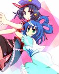  black_skirt blue_eyes blue_hair dress hair_ornament hair_rings hair_stick hat hug hug_from_behind jiangshi kaku_seiga medium_skirt miyako_yoshika multiple_girls ofuda open_mouth outstretched_arms purple_eyes shawl short_hair skirt smile star touhou yzb-030 