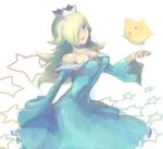  blonde_hair blue_dress blue_eyes breasts chiko_(mario) cleavage crown dress hair_over_one_eye long_hair mario_(series) maruna_(maru01) medium_breasts rosetta_(mario) star super_mario_bros. super_mario_galaxy 