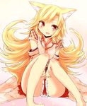  animal_ear_fluff animal_ears bad_id bad_pixiv_id bare_legs barefoot blonde_hair blush fang fox_ears frilled_skirt frills futaba_akane highres long_hair looking_at_viewer miniskirt naomi_(sekai_no_hate_no_kissaten) open_mouth original pleated_skirt red_eyes red_skirt skirt smile solo 