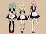  3girls blonde_hair blue_hair hatsune_hair kagamine_rin long_hair maid megurine_luka mizutama_ko pink_hair short_hair thighhighs twintails vocaloid zettai_ryouiki 