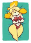  2018 animal_crossing anthro barefoot bed big_breasts bikini bird&#039;s-eye_view blush breasts canine clothing digital_media_(artwork) dog feet female fur hair hands_behind_head high-angle_view huge_breasts isabelle_(animal_crossing) joelasko looking_at_viewer lying mammal nintendo on_back open_mouth ribbons shih_tzu short_stack solo swimsuit thick_thighs video_games voluptuous wide_hips yellow_fur 
