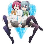  blue_hair brown_eyes crossdressing crossed_legs green_eyes hair_ornament hairband hairclip hato_niku highres inazuma_eleven inazuma_eleven_(series) kazemaru_ichirouta kiyama_hiroto long_hair multiple_boys open_mouth otoko_no_ko ponytail red_hair ribbon school_uniform short_hair sitting thighhighs 