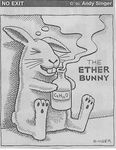  black_and_white bottle cartoon english_text ether greyscale humor lagomorph mammal monochrome parody pun rabbit text 