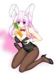 animal_ears ayano_(honoka_mame) bow bowtie breasts brown_legwear bunny_ears bunny_tail bunnysuit carrot cleavage detached_collar large_breasts long_hair original pantyhose pink_hair purple_eyes solo tail wrist_cuffs 