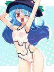  ;d adapted_costume arms_up blue_hair blush casual_one-piece_swimsuit colored_eyelashes food fruit hat hinanawi_tenshi homura_subaru leaf long_hair looking_at_viewer navel one-piece_swimsuit one_eye_closed open_mouth peach red_eyes smile solo sweatdrop swimsuit touhou 