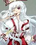  bad_id bad_pixiv_id bow fujiwara_no_mokou hair_bow hand_in_pocket long_hair long_sleeves ofuda one_eye_closed purple_eyes smile smirk solo striped striped_background suspenders touhou white_hair yamakei3811 