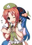  anger_vein blue_eyes blue_hair bow braid breast_grab breasts darkside food fruit grabbing hair_bow hat hinanawi_tenshi hong_meiling long_hair multiple_girls neck_ribbon one_eye_closed open_mouth peach red_eyes red_hair ribbon simple_background small_breasts touhou twin_braids wince 