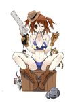  absurdres bikini boots breasts brown_eyes brown_hair bullet cat cleavage cross-laced_footwear gloves gun handgun hat highres hk33 large_breasts mouth_hold navel one_eye_closed original revolver side_ponytail solo spread_legs star star_print swimsuit trigger_discipline untied weapon 
