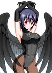  angel_wings armpits arms_up black_wings blue_hair blush breasts brown_legwear bucchake_(asami) crypt_angel curvy elbow_gloves gloves large_breasts leotard looking_at_viewer magic:_the_gathering pantyhose red_eyes short_hair simple_background skin_tight smile solo thighs wings 